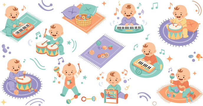 Cute baby music activities vector illustration set with infants playing drums, piano, and instruments featuring playful nursery scenes for kids entertainment design.
