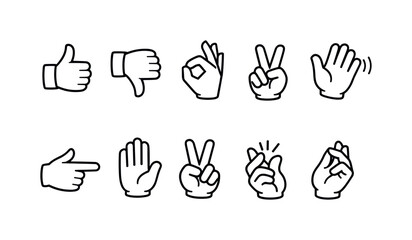 Obraz premium Collection of hand gesture icons including thumbs up, down, okay, peace, and pointing