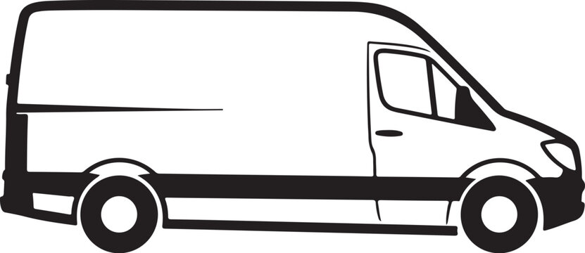Black and white delivery van, cargo vehicle, transport illustration, side view