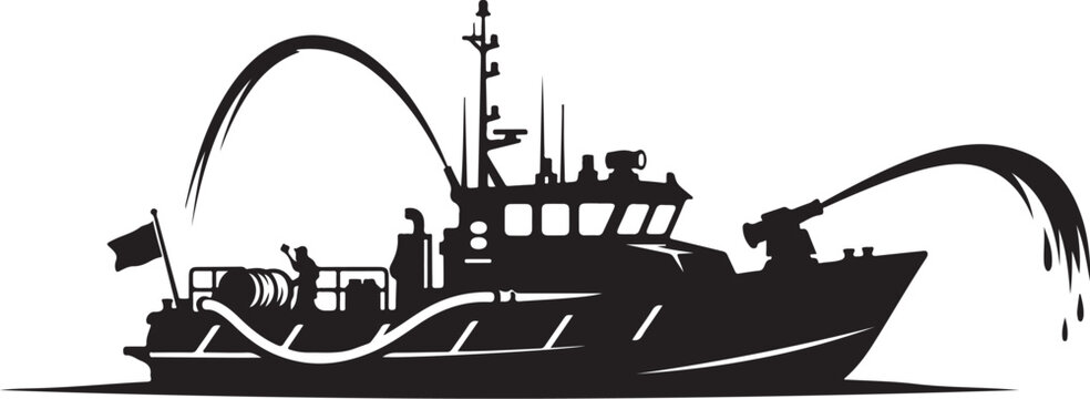 Fireboat, fire ship, rescue vessel, black silhouette, vector illustration