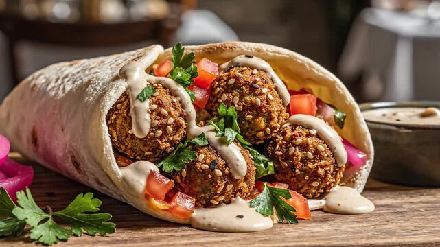 Delicious Falafel Wrap with Fresh Vegetables and Sauce on Display.