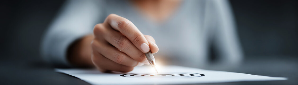 Close up hand circling target on paper focus planning strategy goal setting business concept determination success