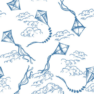 Kites flying in the clouds, hand-drawn sketch, seamless monochrome pattern