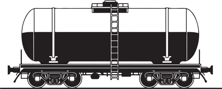 Railway tanker wagon, black and white train car, industrial rail transport, side view