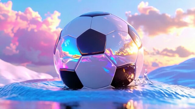 A soccer ball floats in water, reflecting a colorful sunset and clouds