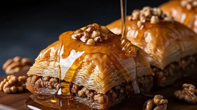 Delicious Baklava Drizzled with Golden Honey and Topped with Walnuts