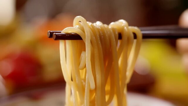 Hot Noodles On Chopsticks Ready To Eat. Cozy Scene With Chef Serving Steaming Noodles From Bowl