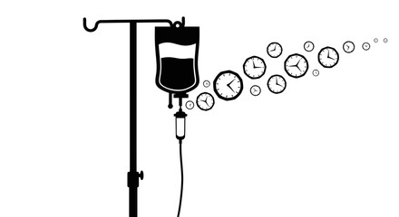 Iv drip with clock icons flowing through tube on medical stand