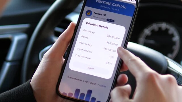 An entrepreneur monitors startup fundraising progress on a mobile app. Displaying Venture Capital metrics for Nexus AI: Series A goals and 42M dollars valuation. Perfect for fintech, investment, and