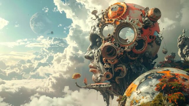 A steampunk-inspired sculpted face in the clouds, blending organic forms with metallic elements