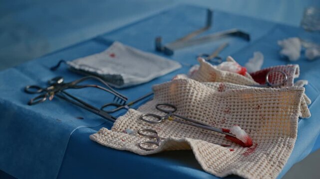 Close up of metal surgical instruments and medical napkins covered with blood on operating table