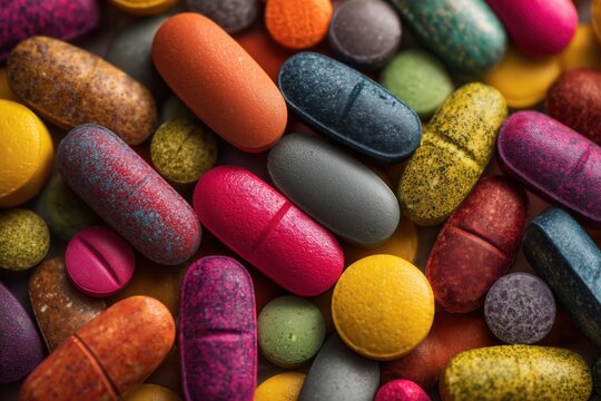 A pile of colorful pills and tablets, overhead view.