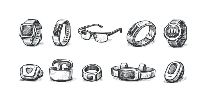 Collection of hand-drawn wearable technology gadgets and accessories