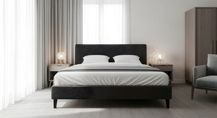 Fototapeta premium Serene Bedroom Interior with Comfortable Bedding and Natural Light, Contemporary Design and Minimalist Aesthetic, Inviting Restful Atmosphere