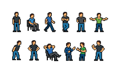 Naklejka premium Collection of pixel art men in various casual poses and actions