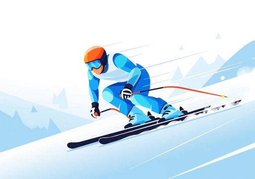 Flat design illustration of a downhill skier in action, gliding swiftly on a snowy mountain landscape