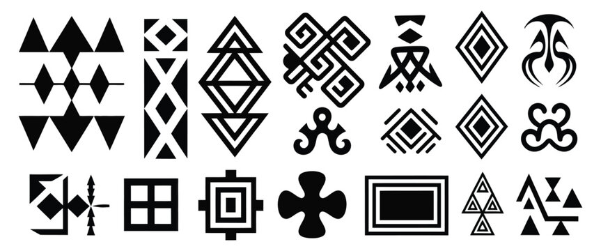 Hawaiian tribal icon symbols geometric shapes set, Polynesian style patterns with abstract motifs, cultural heritage design elements, minimal vector icons collection for logos, prints and creative com