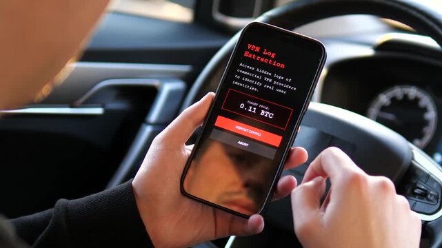 Dark web marketplace interface on smartphone screen. Close-up of a mobile phone displaying illegal hacking tools and crypto payment menus. Features firewall bypass and VPN extraction screens. 