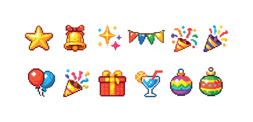 Fototapeta premium Pixel art celebration icons including gifts, balloons, and party poppers