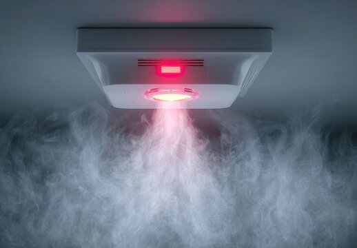 A close-up shot of a ceiling-mounted device with a red light, emitting smoke-like vapor downwards. The background is a plain, light surface