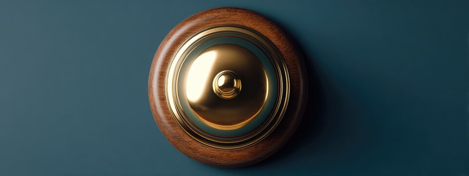 A close-up shot of a circular doorbell against a teal backdrop. The doorbell features a polished brass center and a wooden ring