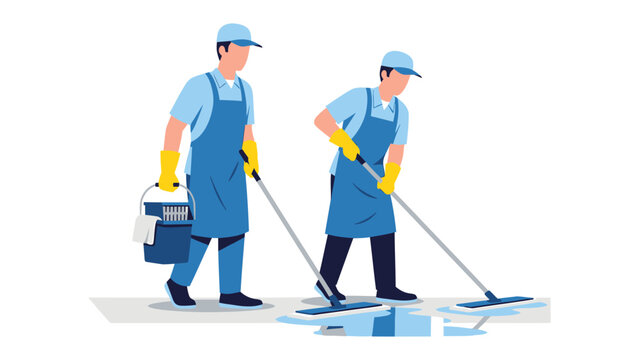 Cleaning Professionals at Work: A depiction of two cleaning professionals diligently mopping a floor, maintaining a clean and tidy environment. Illustrating dedicated service and cleanliness.