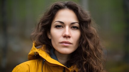 Naklejka premium Portrait of a determined woman with curly brown hair wearing a yellow jacket in an outdoor setting with a blurred natural background