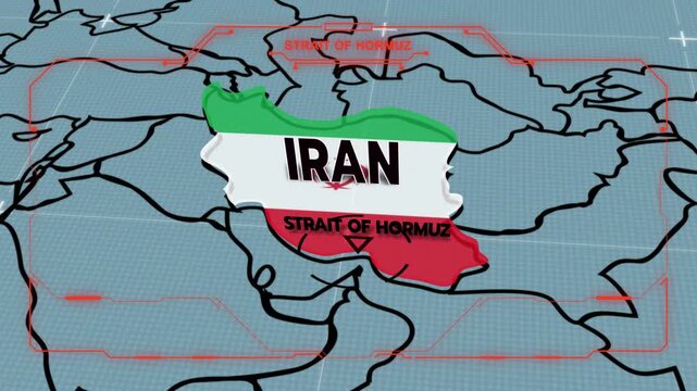  a stylized 3D map highlighting IRAN, Middle East, Iran map, Central Asia and Eastern Europe, Flag of Iran, Iran Flag, Strait of Hormuz,