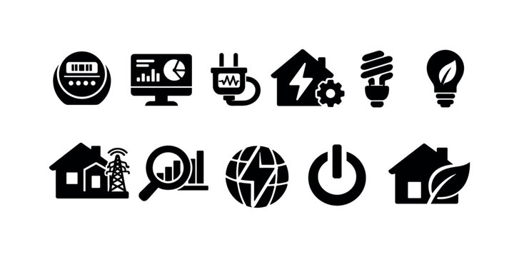 Collection of modern icons representing energy efficiency and smart home technology concepts