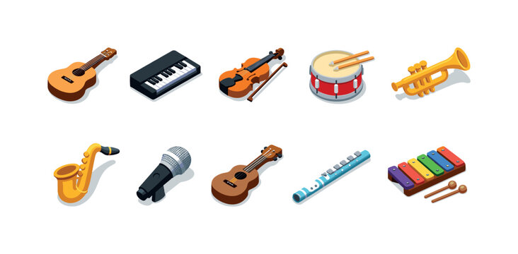 Collection of colorful isometric musical instruments on a white background
