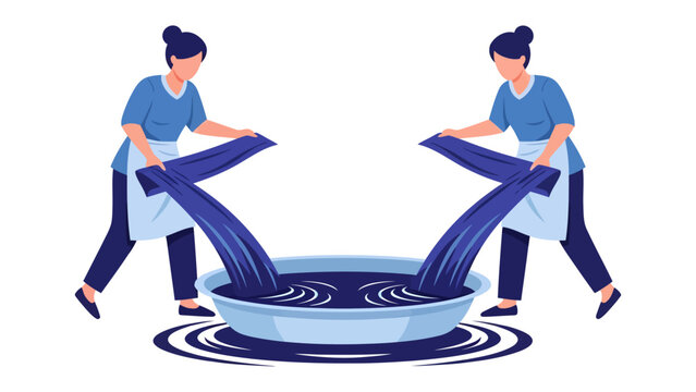 Fabric Dyeing Process: Two figures immerse fabric into a basin of vibrant dye, embodying the artistry of textile creation and the vibrant transformation of material.