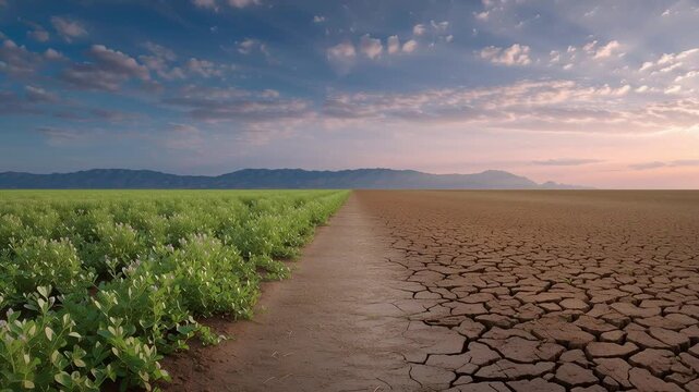 Crops grow on one side while the other side shows dry soil and cracked earth. The scene captures the contrast of healthy plants and barren land during a fall season with a cloudy sky.