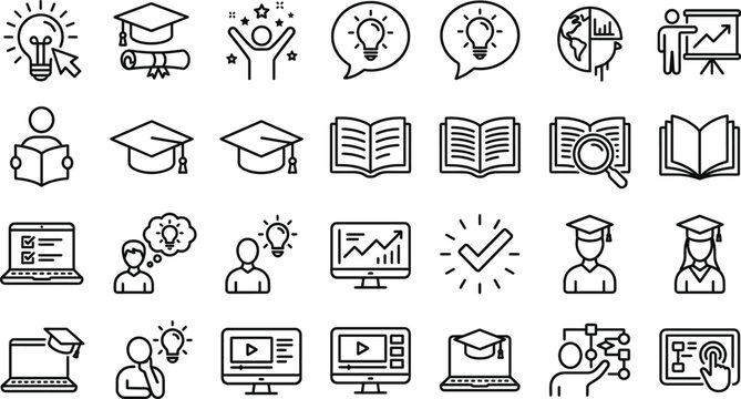 Education and E Learning Line Icon Set with Graduation Cap, Online Course, Idea, Laptop Study, Book, Analytics, Certification and Training Outline Symbols Collection