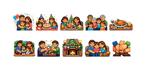 Obraz premium Pixel art families celebrating holidays and special occasions together