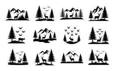 Obraz premium Black silhouette icons of deer trees mountains and birds in various natural landscapes and scenic wilderness environments with pine forests and hills