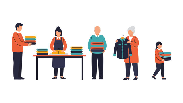 Community of Caring: A group of individuals coming together to donate and organize clothes, embodying the spirit of community service, giving, and collective well-being.