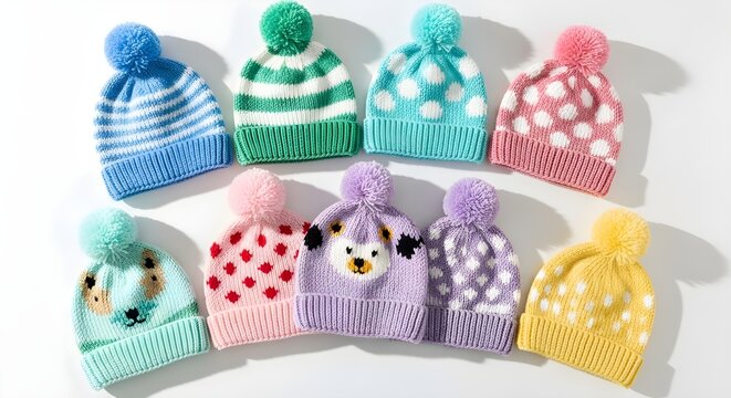 Colorful knitted baby hats with pom poms on white background