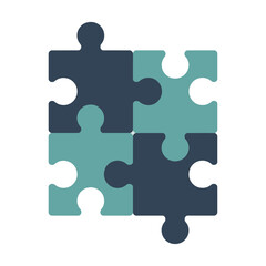 Fototapeta premium Four interlocking puzzle pieces in a square vector design with a teal and dark blue color scheme