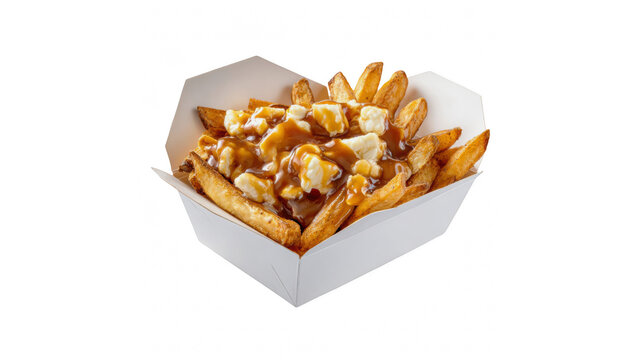Delicious poutine with crispy golden fries, fresh cheese curds, and savory brown gravy in a white cardboard takeaway container, isolated on transparent background