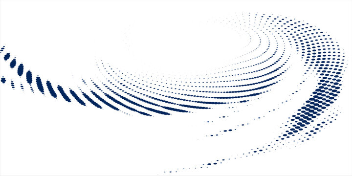 Swirling blue abstract pattern of dots creating a vortex or spiral effect on a white background