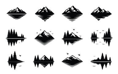 Fototapeta premium Collection of black silhouette mountain and forest icons with lake reflections and birds in flight on white background
