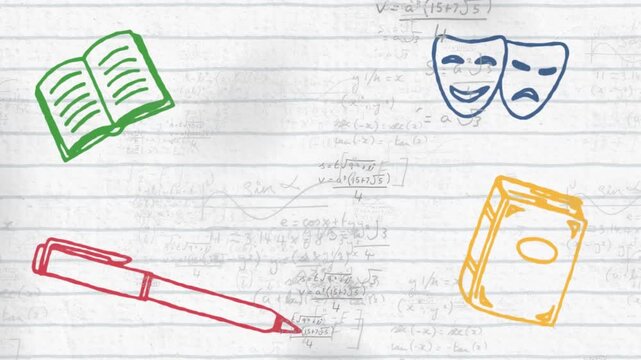 Digital animation of school concept icons against mathematical equations on white lined paper