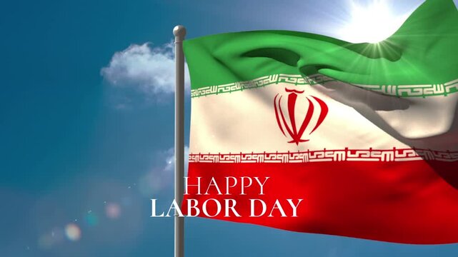 Animation of happy labor day text over flag of iran and clouds