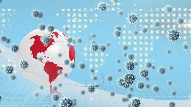 Animation of falling covid-19 cells over globe and world map