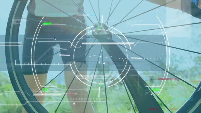 Animation of viewfinder over midsection of caucasian female biker with bike