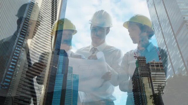 Animation of a construction site over a group of caucasian engineers