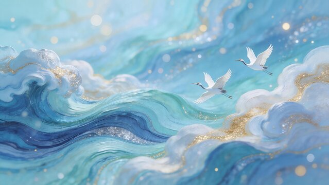 Two cranes flying over stylized ocean waves