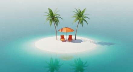 Obraz premium A serene tropical island with palm trees and a beach umbrella on a sunny day with turquoise water