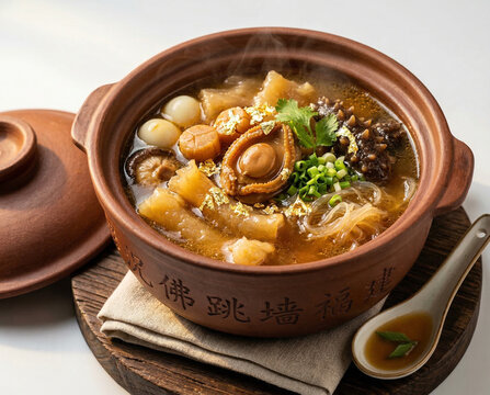 Buddha Jumps Over the Wall Fo Tiao Qiang Fujian Premium Soup with Abalone Sea Cucumber Scallops Fish Maw and Quail Eggs in Clay Pot White Background