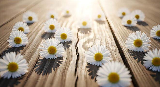 Rustic wooden background with white and yellow daisies and wheat stalks wooden planks white daisies